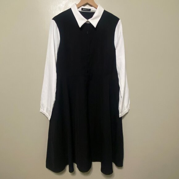 Work Button Front Dress Long Sleeve Contrast Collar Shirtdress - Picture 4 of 6